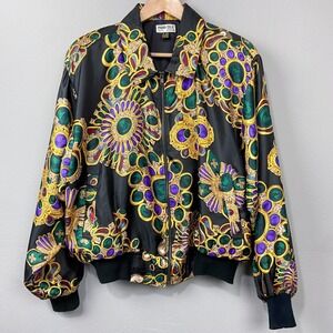 Vintage 90s Para Silk Blend Bomber Jacket Sz L Baroque Jewel Printed Windbreaker